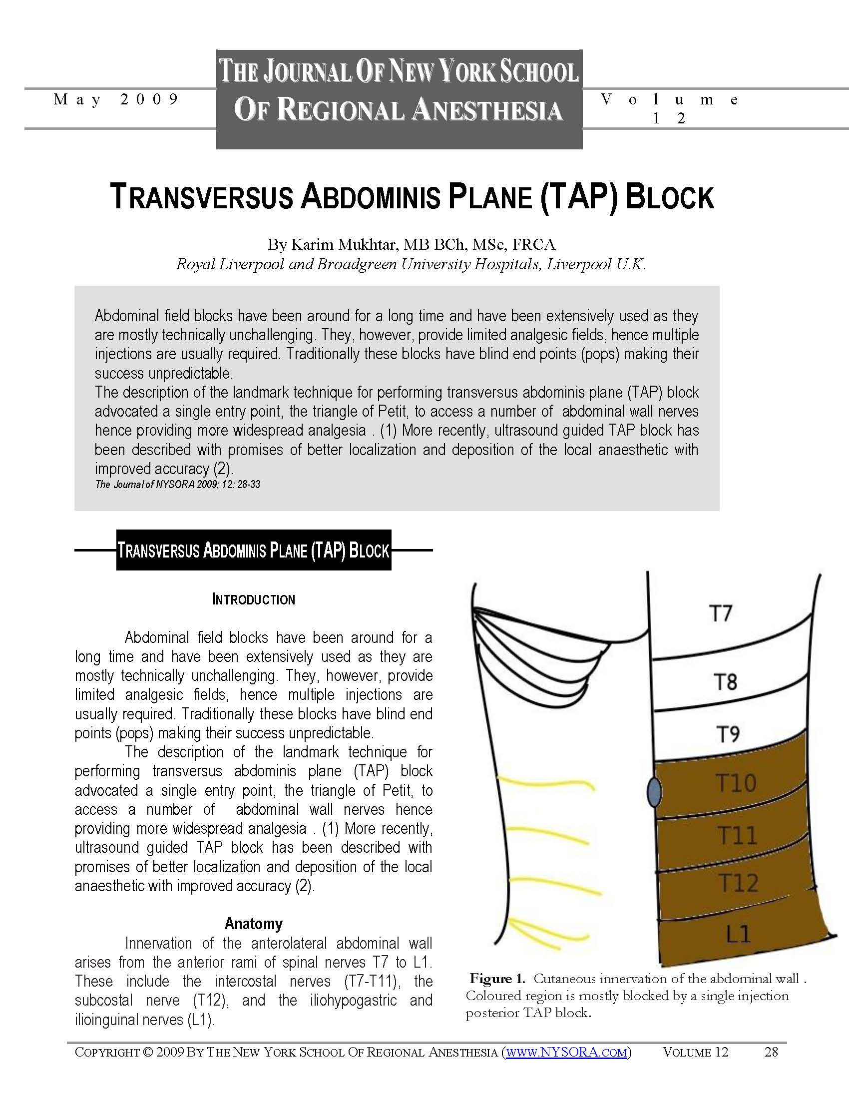 TRANSVERSUS ABDOMINIS PLANE (TAP) BLOCK NYSORA The New York School of