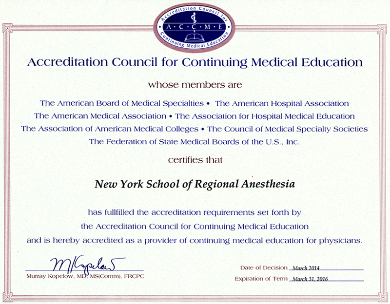 ACCME certificate for NYSORA