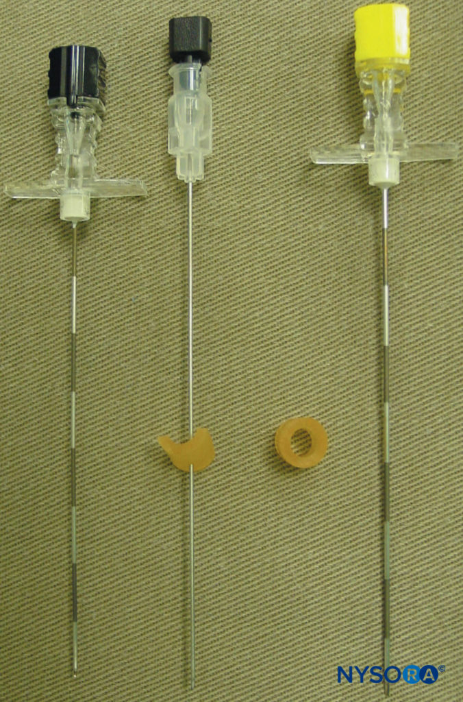 Needles commonly used for a single- or multiple-injection thoracic paravertebral block. Note the depth guard that is attached to the needle for assessment of the depth.