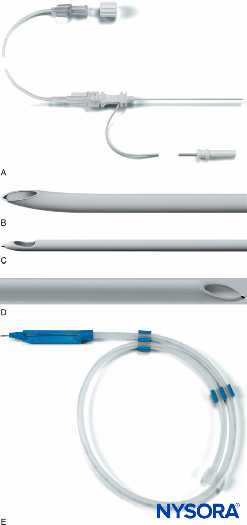 A: The Plexolong® system (Pajunk, Geisengen, Germany) incorporates an insulated needle, integrated stimulating wire, and extension tubing. B: The Plexolong Tuohy tip. C: The Plexolong Sprotte tip. D: The Plexolong Facet (or short-bevel) tip. E: The Plexolong catheter with thread-assist device. (Used with permission from Pajunk, Geisengen, Germany.)