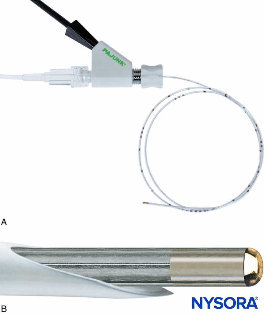 A: The stimulating catheter with integrated wire, Stimulong Plus® (Pajunk, Geisengen, Germany), is shown with its screw connector. The connector accepts an electric cable and extension tubing. B: The tip of the Stimulong Plus stimulating catheter is shown with its conductive golden tip. (Used with permission from Pajunk, Geisengen, Germany.)