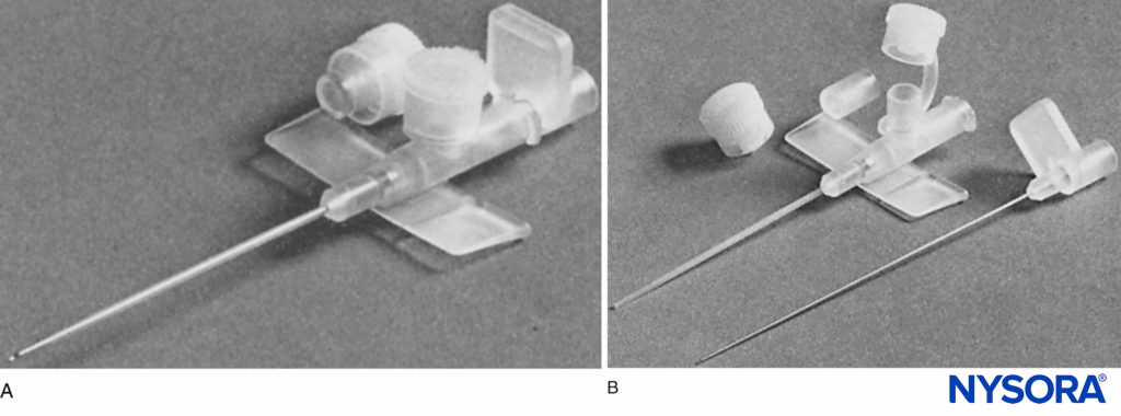 A, B: The Venflon cannula. (Reproduced with permission from Selander D: Catheter technique in axillary plexus block. Presentation of a new method. Acta Anaesthesiol Scand. 1977;21(4):324-329.)