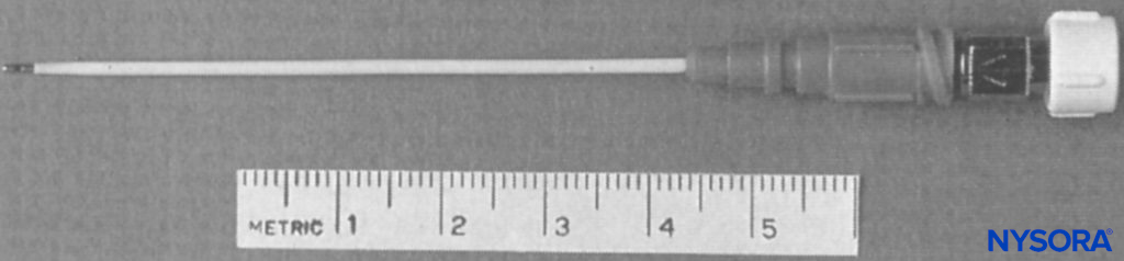 A: Pajunk MiniSet® consisting of a cannula-over-needle design and integrated stimulating cable and extension tubing. B: Pajunk MiniSet distal short-bevel needle tip and cannula. (Used with permission from Pajunk, Geisengen, Germany.)