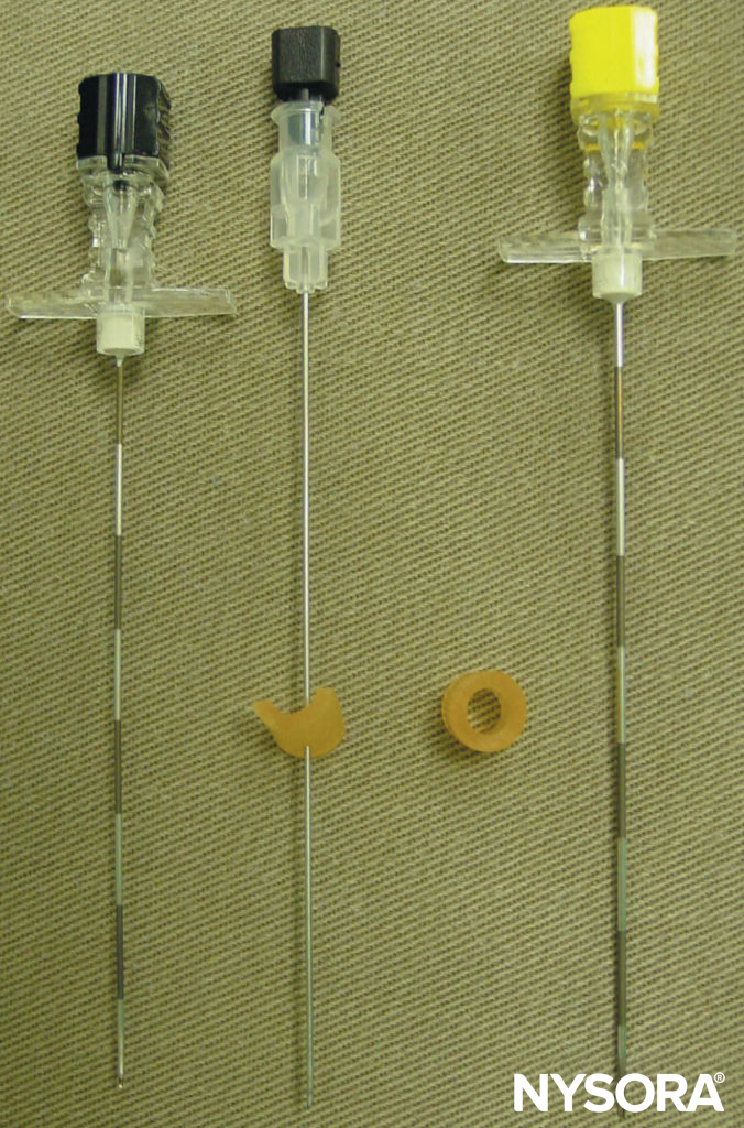 Needles commonly used for a single- or multiple-injection thoracic paravertebral block. Note the depth guard that is attached to the needle for assessment of the depth.