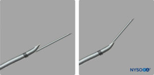 Combined spinal-epidural kit with spinal needle exiting the back hole and the Huber tip.