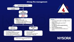 airway fire, halt procedure, tracheal tube, airway gases, flammable material, saline, ventilation, bronchoscopy, CO extinguisher, fire alarm, fire triad, ignition, oxidizer, flammable solutions