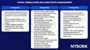 atrial fibrillation, management, anticoagulation, atrioventricular nodal blocking agents, rapid ventricular rate RVR, hypotension, hypoxia, hypercarbia, cardioversion, beta-blockers, calcium channel, amiodarone, digoxin, transesophageal echocardiography, arrhythmogenic, ketamine, adrenergic vasopressors, desflurane, glycopyrrolate, atropine, obstuctive sleep apnea, point of care ultrasound, rate control, antithrombotic