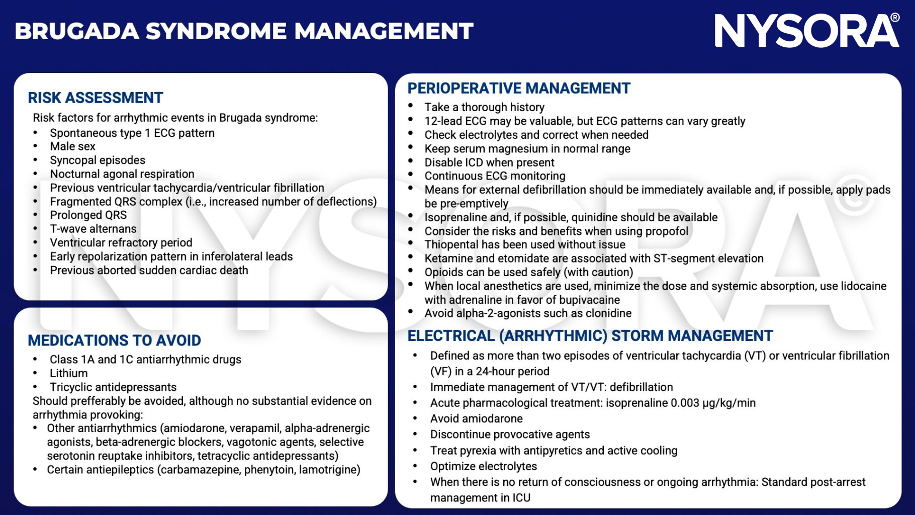 brugada syndrome, ecg, syncopal, agonal respiratkon, tachycardia, fibrillation, qrs, t-wave, repolarization, sudden cardiac death, antiarhythmic drugs, lithium, tricyclic antidepressants, amiodarone, verapamil, alpha agonist, beta blocker, tetracyclic, antiepileptics, carbamazepine, phenytoin, lamotrigine, electrolytes, magnesium, icd, defibrillation, isoprenaline, quinidine, propofol, thiopental, ketamine, etemidate, opioids, lidocaine, bupivacaine, pyrexia, icu, antipyretics