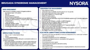brugada syndrome, ecg, syncopal, agonal respiratkon, tachycardia, fibrillation, qrs, t-wave, repolarization, sudden cardiac death, antiarhythmic drugs, lithium, tricyclic antidepressants, amiodarone, verapamil, alpha agonist, beta blocker, tetracyclic, antiepileptics, carbamazepine, phenytoin, lamotrigine, electrolytes, magnesium, icd, defibrillation, isoprenaline, quinidine, propofol, thiopental, ketamine, etemidate, opioids, lidocaine, bupivacaine, pyrexia, icu, antipyretics