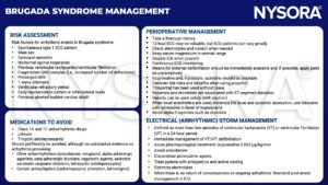 brugada syndrome, ecg, syncopal, agonal respiratkon, tachycardia, fibrillation, qrs, t-wave, repolarization, sudden cardiac death, antiarhythmic drugs, lithium, tricyclic antidepressants, amiodarone, verapamil, alpha agonist, beta blocker, tetracyclic, antiepileptics, carbamazepine, phenytoin, lamotrigine, electrolytes, magnesium, icd, defibrillation, isoprenaline, quinidine, propofol, thiopental, ketamine, etemidate, opioids, lidocaine, bupivacaine, pyrexia, icu, antipyretics