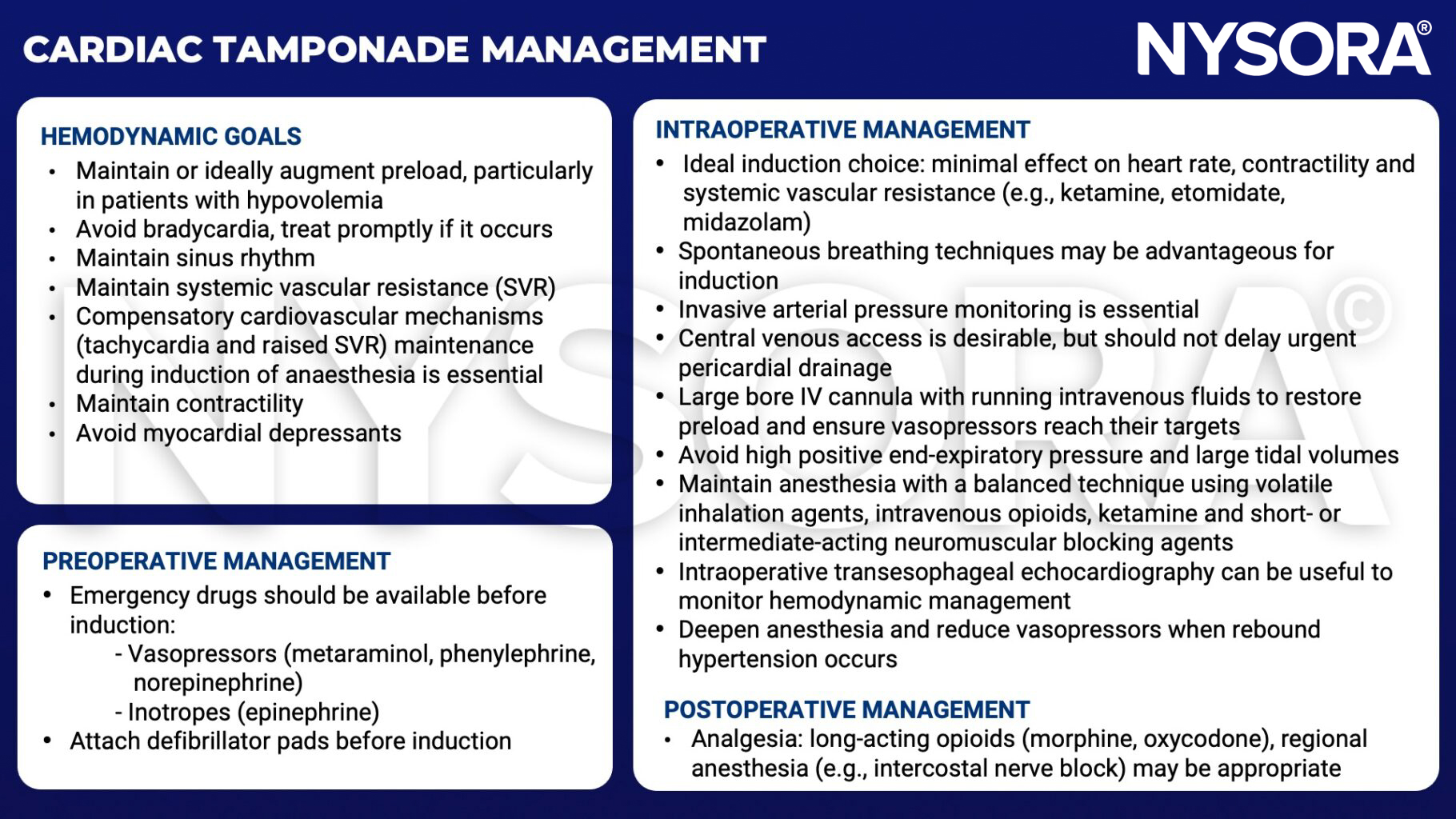 cardiac tamponade, preload, hypovolemia, bradycardia, sinis rhythm, svr, tachycardia, contractility, myocardial depressants, vasopressors, metaraminol, phenylephrine, norepinephrine, inotropes, epinephrine, defibrillation, ketamine, etomidate, midazolam, invasive arterial pressure monitoring, large bore IV cannula, peep, volatile inhalation, opioids, neuromuscular blocking, transesophageal echocardiography analgesia, morphine, oxycodone, intercostal block