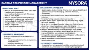 cardiac tamponade, preload, hypovolemia, bradycardia, sinis rhythm, svr, tachycardia, contractility, myocardial depressants, vasopressors, metaraminol, phenylephrine, norepinephrine, inotropes, epinephrine, defibrillation, ketamine, etomidate, midazolam, invasive arterial pressure monitoring, large bore IV cannula, peep, volatile inhalation, opioids, neuromuscular blocking, transesophageal echocardiography analgesia, morphine, oxycodone, intercostal block