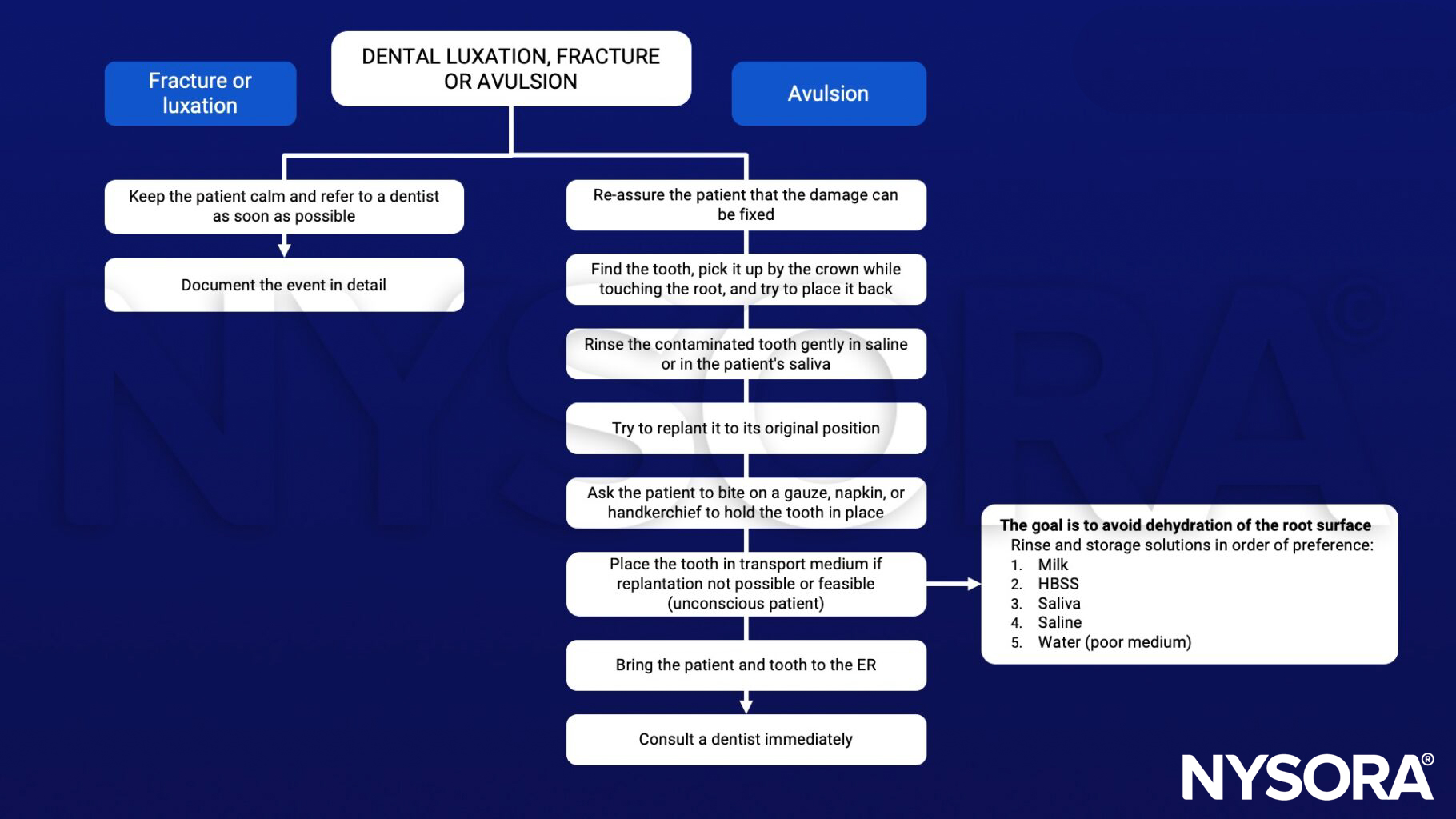 Dental luxation, fracture or avulsion, dentist, dehydration, milk, HBSS, saliva, saline, ER