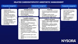 dilated cardiomyopathy, management, heart failure, arrhythmia, echocardiography, myocardial depression, preload, afterload, tachycardia, hypotension, peripheral nerve blocks, neuraxial anesthesia, etomidate, ketamine, propofol, volatile anesthetic agents, opioids, arterial and venous catheters, transesophageal echocardiography, toe, bis, inotropic, phosphodiesterase inhibitors, levosimendan, dobutamine, dopamine, noradrenaline, biventricular pacing, intra-aortic balloon pump, icu, analgesia