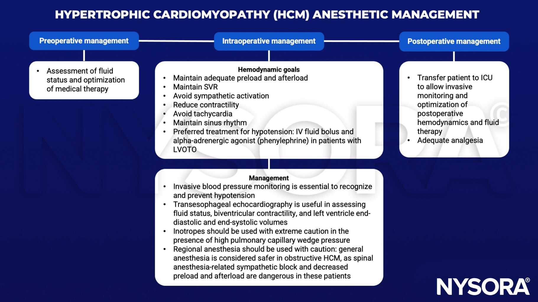 hypertrophic cardiomyopathy, hcm, fluid, preload, afterload, management, svr, sympathetic, contractility, tachycardia, sinus rhythm, hypotension, iv fluis bolus, phenylephrine, LVOTO, invasive monitoring, transesophageal echocardiography, inotropes, pulmonary capillary wedge pressure, regional anesthesia, spinal, icu, analgesia
