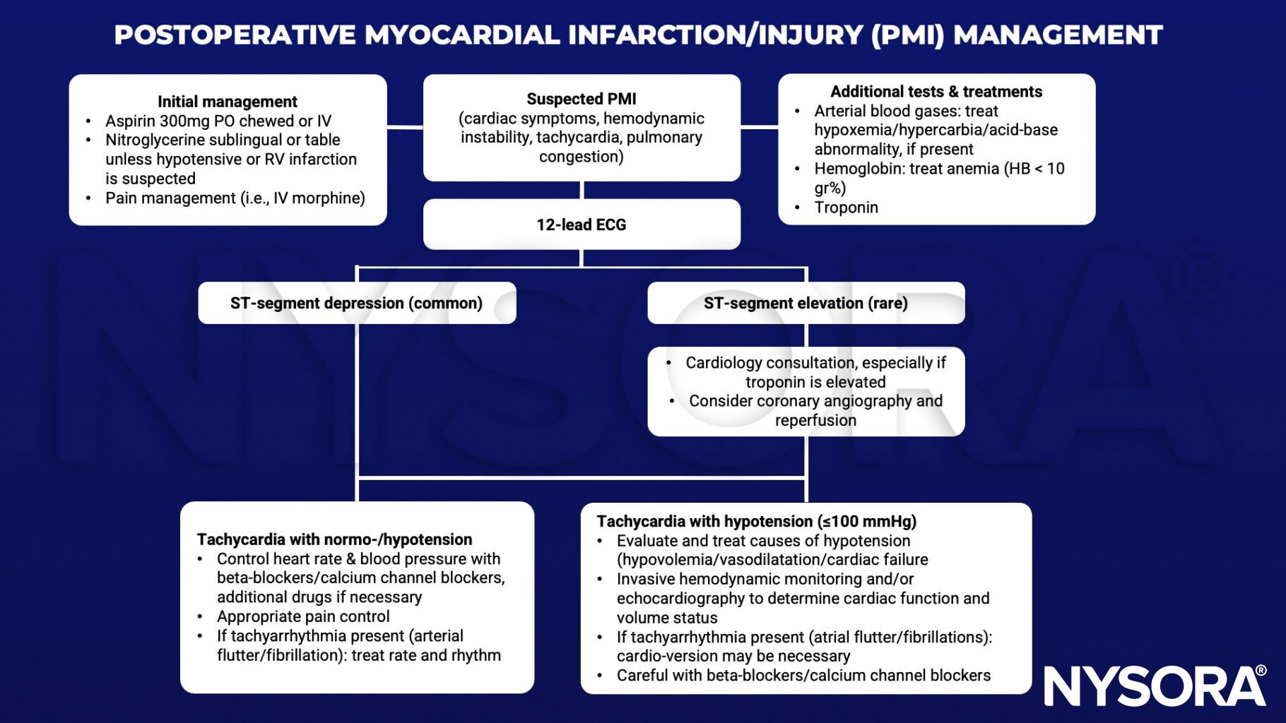 postoperative myocardial infarction injury ischemia, pmi, management, hemodynamic instability, tachycardia, pulmonary congestion, ecg, arterial blood gases, hypoxemia, hypercarbia, hemoglobin, troponin, ST-segment depression, ST-segment elevation, angiography, reperfusion, hypotension, tachyarrhythmia, invasive hemodynamic monitoring, echocardiography beta-blockers, calcium channel blockers, aspirin, nitroclycerine, morphine