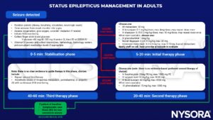 status epilepticus, management, seizure, monitor, oxygen, intubation, blood glucose, thiamine, electrolytes, hematology, toxicology, anticonvulsant, midazolam, lorazepam, diazepam phenobarbital, fosphenytoin, valproic acid, levetiracetam, thiopental, pentobarbital, propofol, EEG