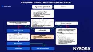 High spinal, total spinal, block, anesthesia, management, epidural, airway, breathing, circulation, observation, intubate, ventilate, intubation, hypotension, bradycardia