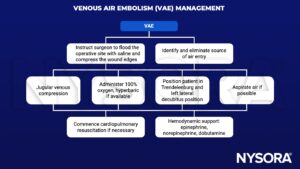 Venous air embolism, VAE, saline, compress, air entry, jugular venous compression, hyperbaric oxygen, trendelenburg, left lateral decubitus, aspirate, cardiopulmonary resuscitation, hemodynamic support, epinephrine, norepinephrine, dobutamine