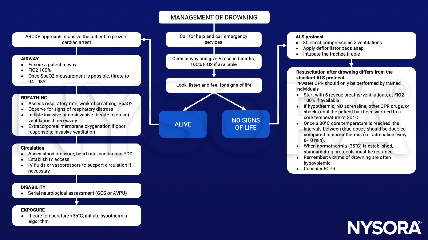 100% FiO2, ABCDE, SpaO2; ECG, GCS, ACPU, hypothermia, ALS, adrenaline, normothermia, ECPR