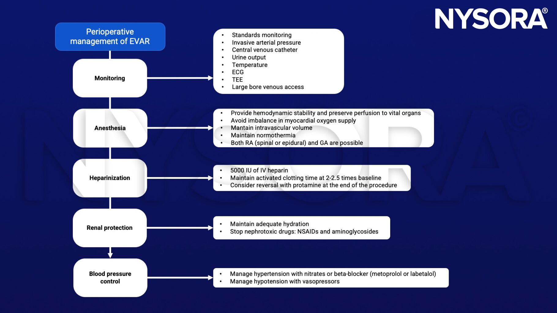 Abdominal aortic aneurysm (AAA), EVAR, heparin, NSAIDs, aminoglycosides, vasopressors
