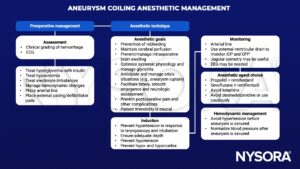  aneurysm coiling, endovascular, hemorrhage, ecg, hyperglycemia, insulin, hypovolemia, electrolyte, arterial line, pacing, defibrillator, rebleeding, cerebral perfusion, brain swelling, immobility, hypertension, hypotension, depth, intubation, laryngoscopy, hypocarbia, hypercarbia, external ventricular drain, ICP, CPP, jugular oximetry, EEg, propofol, remifentanil, sevoflurane, ketamine, dexmedetomidine,