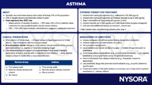 asthma, airway obstruction, peak expiratory flow, PEF, bronchodilator, inflammation, bronchospasm, salbutamol, beta-2-agonists, steroids, leukotriene receptor antagonist, inhaler, propofol, ketamine, sevoflurane, mucus, thick airway walls