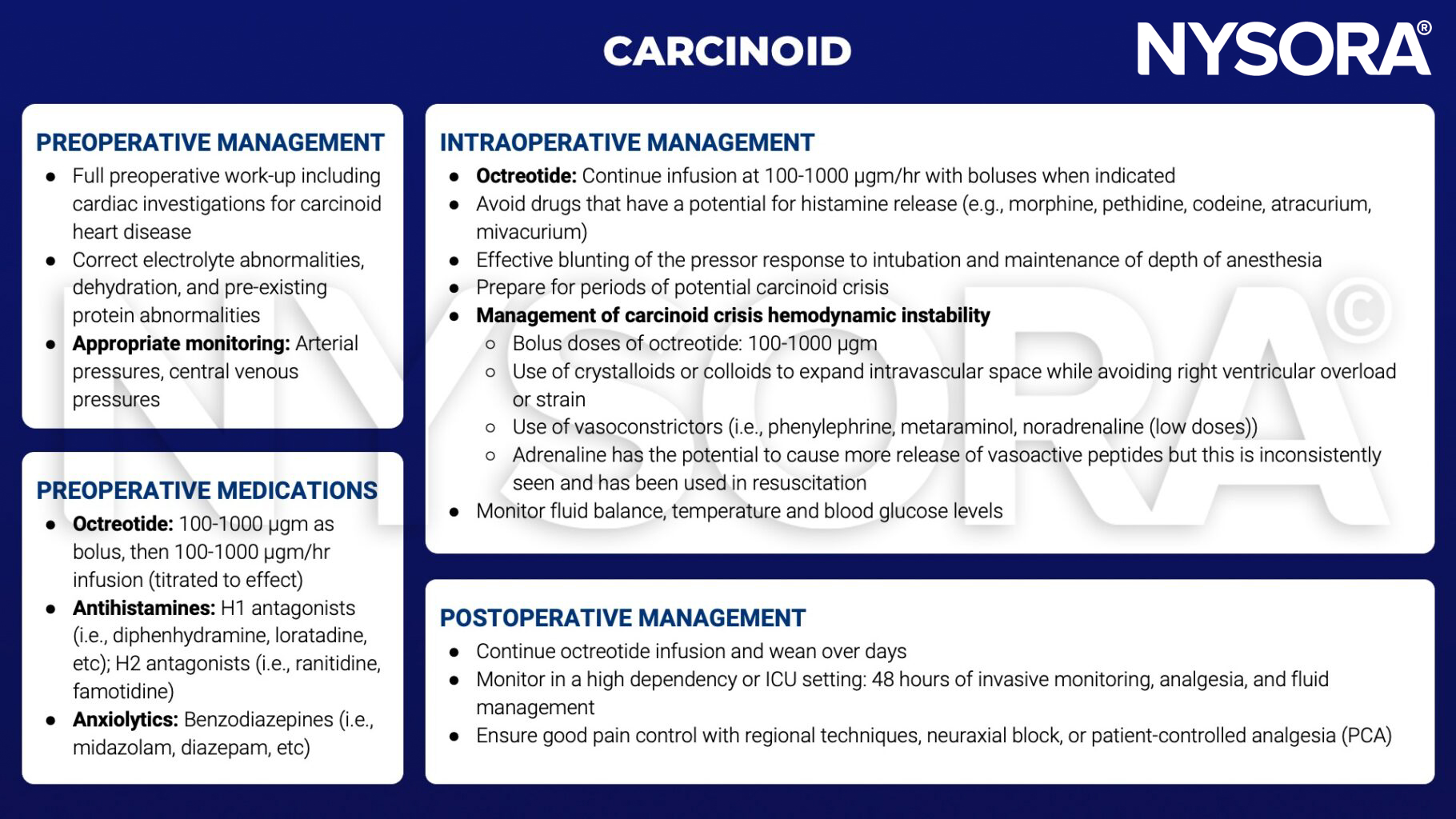 carcinoid, carcinoid crisis, carcinoid syndrome, octreotide, antihistamines, diphenhydramine, loratadine, ranitidine, famotidine, benzodiazepines, anxiolytics, midazolam, diazepam, crystalloids, colloids, vasoconstrictor, phenylephrine, metaraminol, noradrenaline