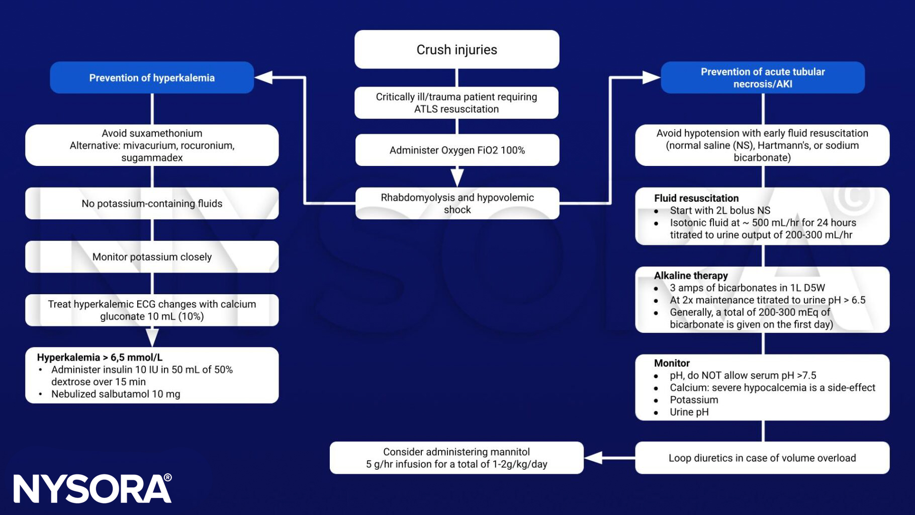 Crush injuries, ATLS, 100% O2, suxamethonium, mivacurnium, rocuronium, sugammadex, potassium, ECG, insulin, salbutamol, mannitol, Hartmanns, sodium bicarbonate