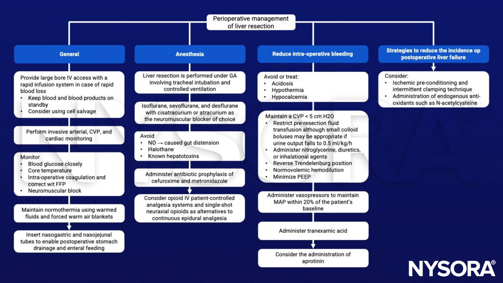 Perioperative management of liver resection, CVP, FFP, hepatotoxins, tranexamic acid, N-acteylcysteine, reverse Trendelenburg, normothermia