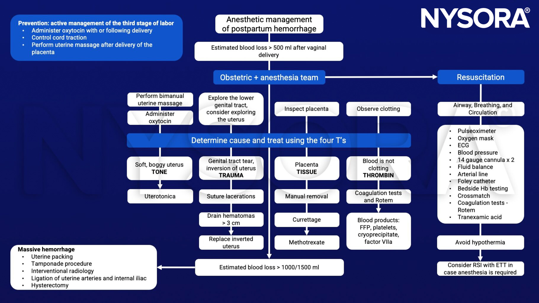 Postpartum hemorrhage, oxytocin, cord traction, uterine massage, placenta, estimated blood loss, vaginal delivery, uterus, uterotonica, lacerations, hematoma, currettage, blood transfusion, methotrexate, FFP, platelets, cryoprecipitate, factor VIIa, uterine packing, ligation, tamponade procedure, airway, breathing, circulation, RSI, ETT