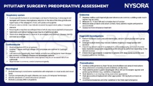 pituitary surgery, growth hormone, acromegaly, macroglossia, rima glittidis, ariepiglottic folds, epiglottis, laryngeal nerve palsy, stenosis, ECG, T wave, QRS, Cushing's disease, chronic obstructive sleep apnea, cor pulmonale, hypertension, visual field, optic chiasma, bi-temporal hemianopia, intracranial pressure, MRI, diabetes mellitus, insulin, T3, T4, TSH, prolactin, cortisol, glucocorticoid, urea, electrolytes, glucose, sodium, SIADH, angiotensin converting enzyme, diuretics, H2-receptor agonist, proton pump inhibitor, hydrocortisone, benzodiazepine