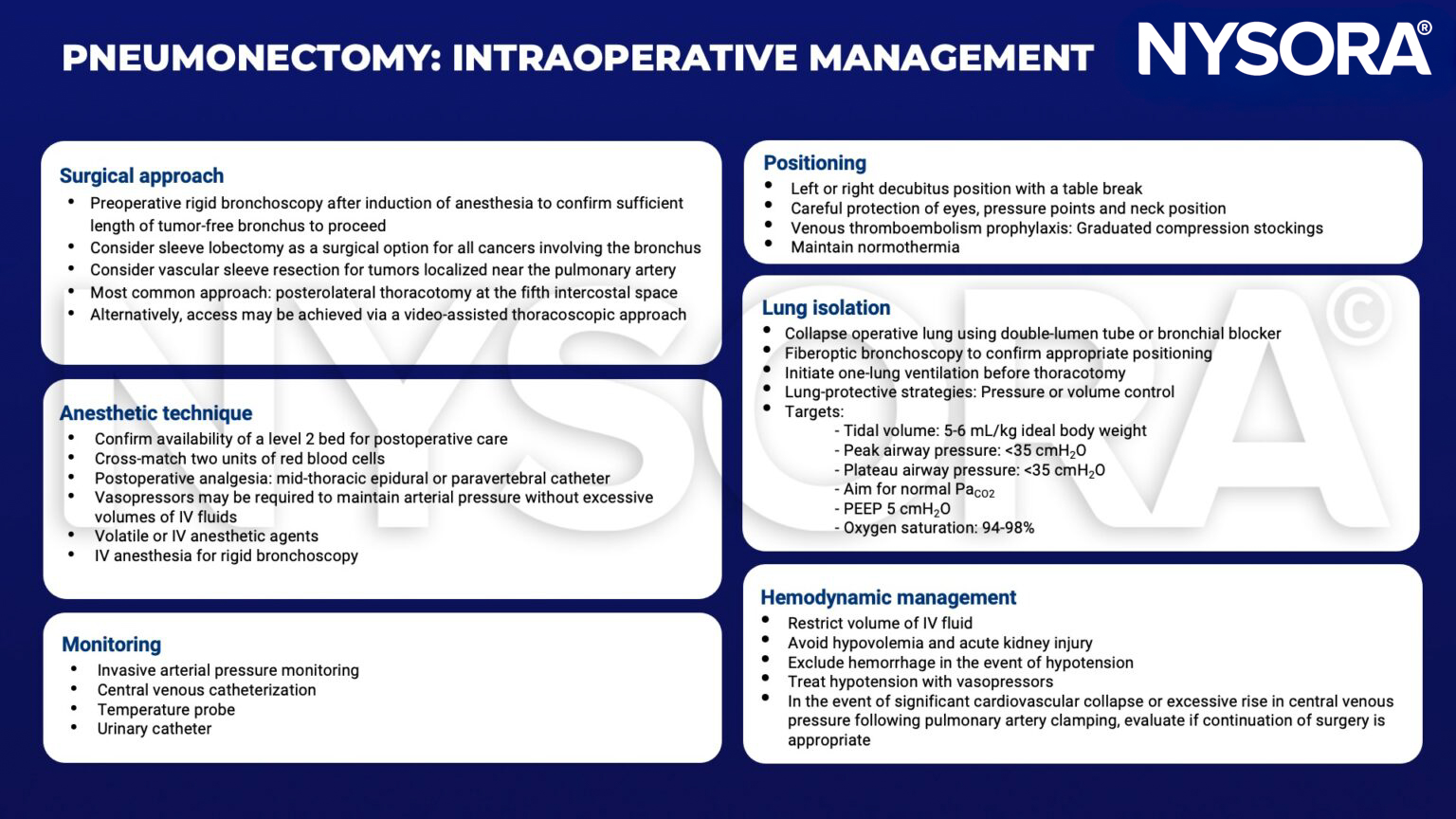 pneumonectomy, rigid bronchoscopy, sleeve lobectomy, vascular sleeve resection, posterolateral thoracotomy, thoracoscopic, thoracic epidural, paravertebral, vasopressors, volatile, iv, arterial blood pressure, central venous catheterization, urinary catheter, decubitus, thromboembolism, normothermia, collapse, doube-lumen tube, bronchial blocker, fiberoptic bronchoscopy, one-lung ventilation, tidal volume, peak airway pressure, peep, oxygen saturation, hypovolemia, hemorrhage, cardiovascular collapse