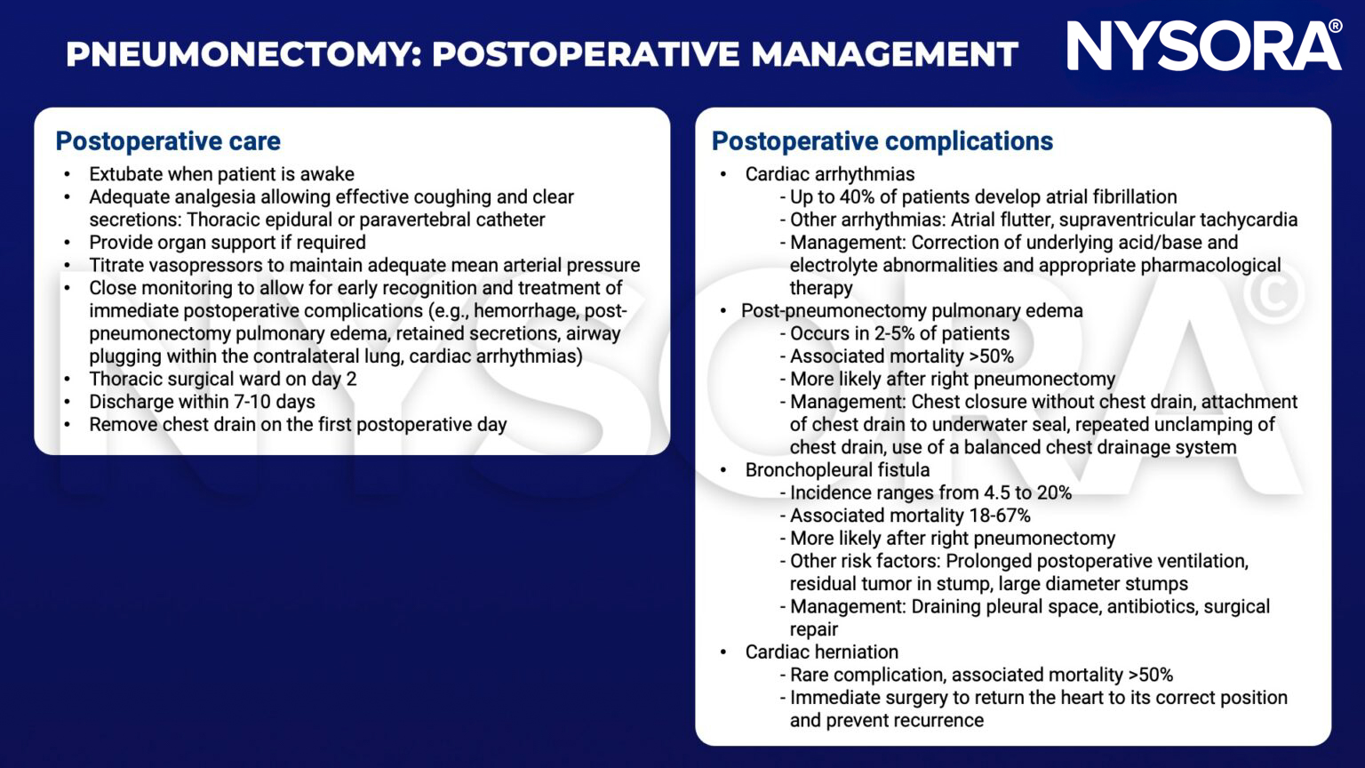 pneumonectomy, extubate, thoracic epidural, paravertebral, organ support, vasopressors, monitoring, chest drain, arrhythmia, atrial fibrillation, flutter, supraventricular tachycardia, pulmonary edema, bronchopleural fistula, cardiac herniation, surgery