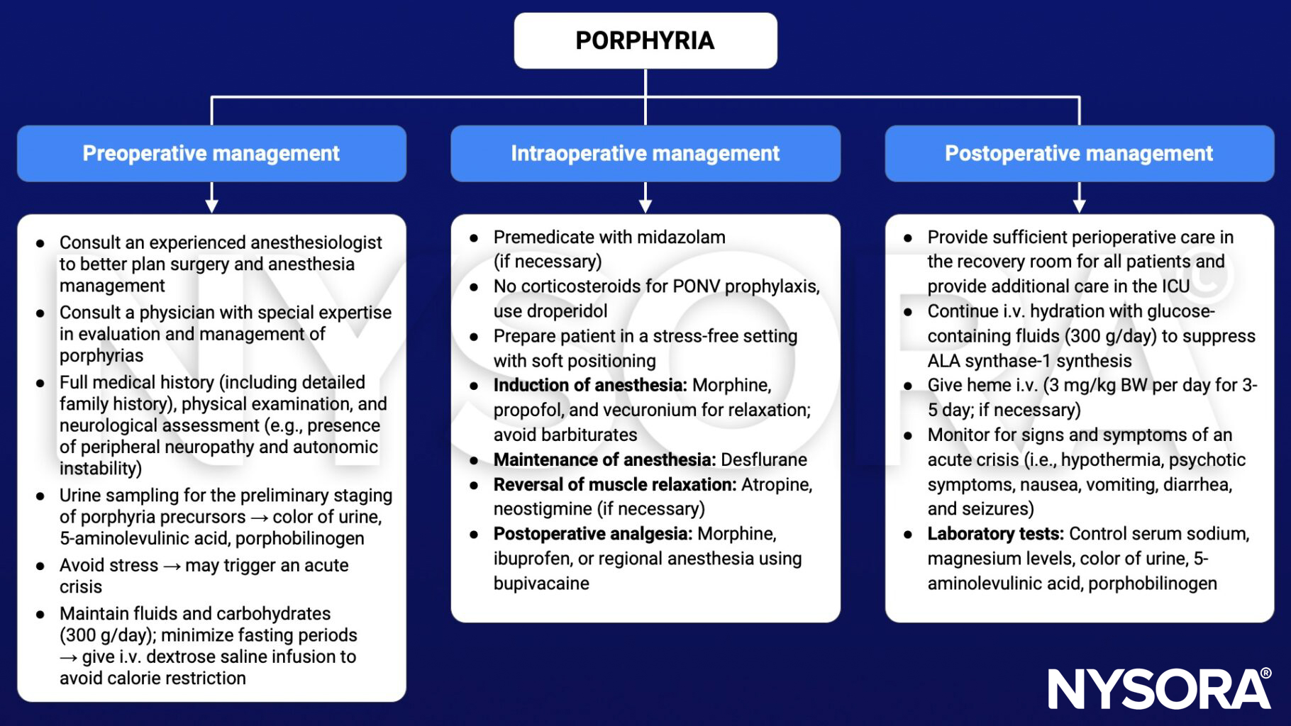 porphyria, preoperative, intraoperative, postoperative, management, urine, 5-aminolevulinic acid, porphobilinogen, midazolam, droperidol, morphine, propofol, vecuronium, desflurane, atropine, neostigmine, ibuprofen, bupivacaine, fluids, heme, sodium, magnesium