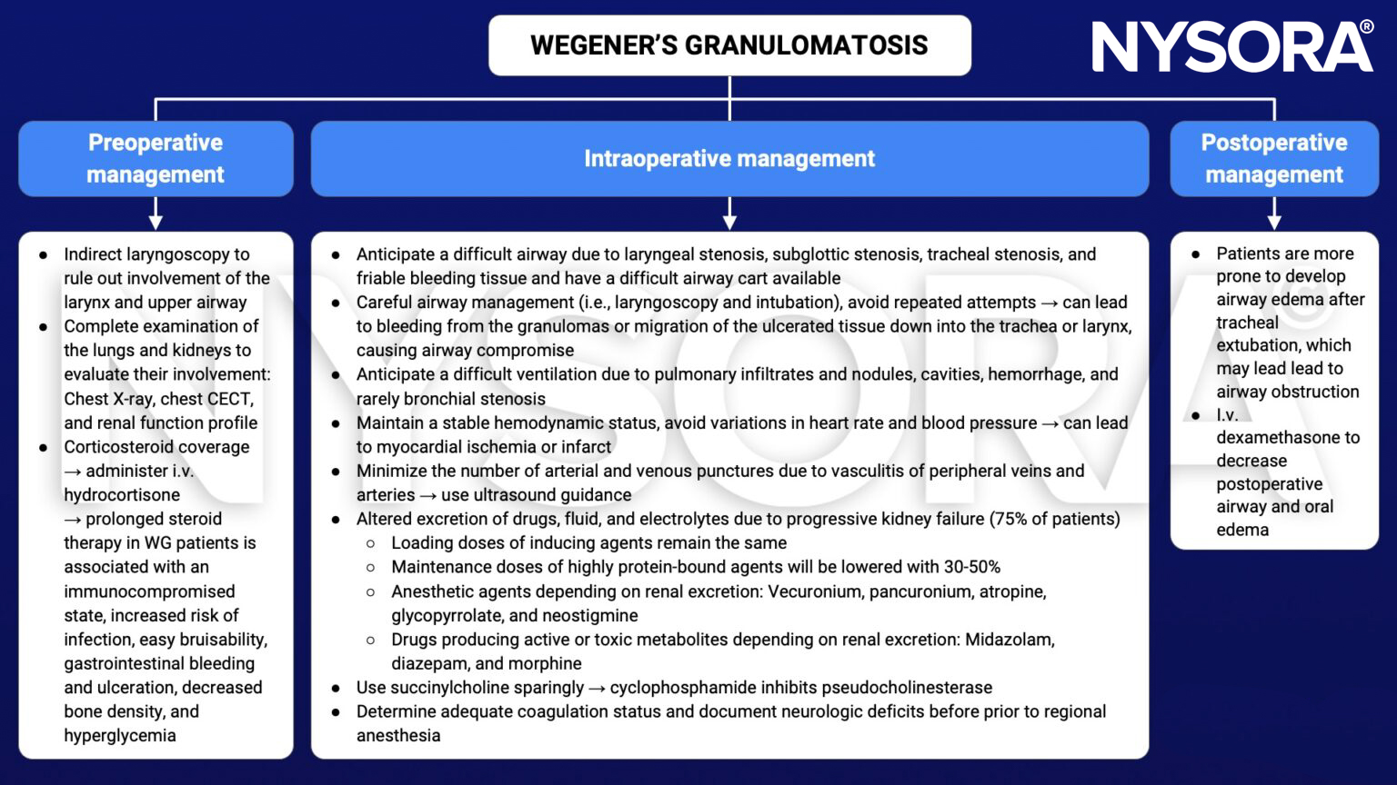 Wegener's granulomatosis, preoperative, intraoperative, postoperative, management, laryngoscopy, airway, corticosteroid coverage, hydrocortisone, stenosis, intubation, edema, dexamethasone