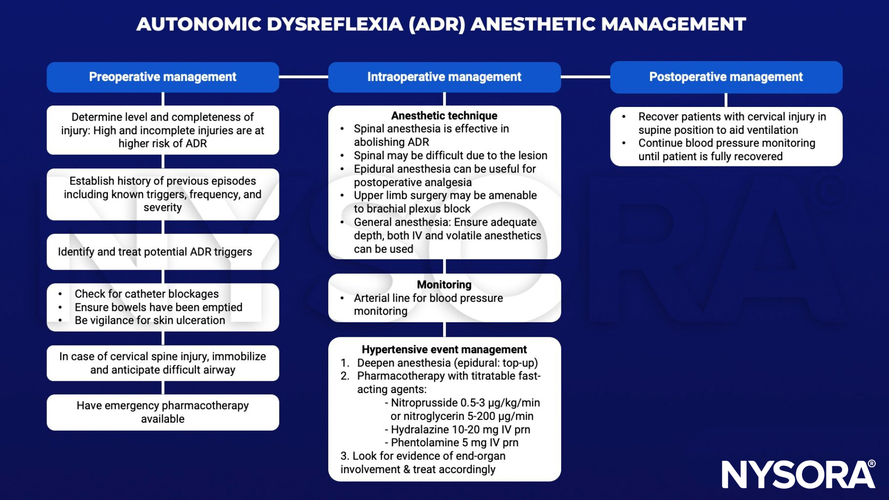 autonomic dysreflexia, adr, triggers, catheter, bowels, skil ulceration, cervical spine injury, pharmacotherapy, spinal, epidural, brachial plexus block, IV, volatile, arterial line, hypertensive event, nitroprusside, nitroglycerin, hydrazaline, phentolamine, 
