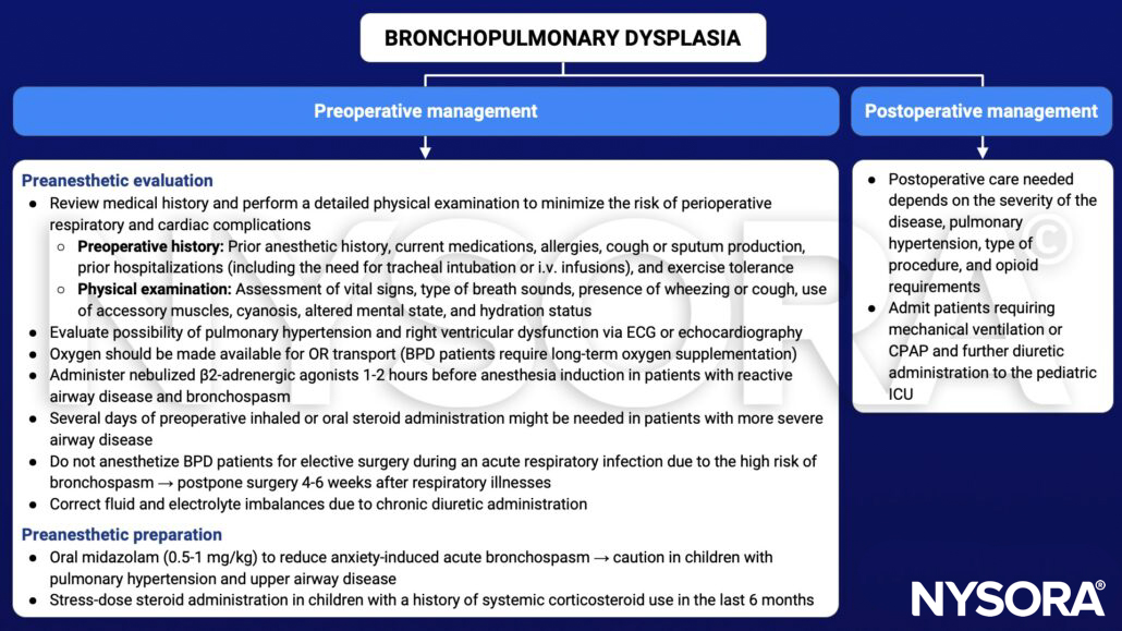 bronchopulmonary dysplasia, BPD, preoperative, postoperative, management, preanesthetic evaluation, preanesthetic preparation, preoperative history, physical examination, pulmonary hypertension, right ventricular dysfunction, ECG, echocardiography, oxygen, bronchospasm, steroid, infection, diuretics, midazolam, opioid, mechanical ventilation, CPAP
