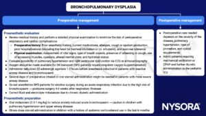 bronchopulmonary dysplasia, BPD, preoperative, postoperative, management, preanesthetic evaluation, preanesthetic preparation, preoperative history, physical examination, pulmonary hypertension, right ventricular dysfunction, ECG, echocardiography, oxygen, bronchospasm, steroid, infection, diuretics, midazolam, opioid, mechanical ventilation, CPAP