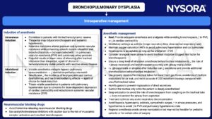 bronchopulmonary dysplasia, BPD, intraoperative, management, induction, neuromuscular blocking drugs, anesthetic management, intravenous induction, etomidate, thiopental, ketamine, propofol, inhalational induction, sevoflurane, acetylcholinesterase inhibitor, bronchospasm, pulmonary vascular resistance, cardiac contractility, asthma, oxygen, pulmonary hypertension, cor pulmonale, laryngeal mask airway, tracheal intubation, deep anesthesia, glycopyrrolate, atropine, cuffed tracheal tubes, regional anesthesia