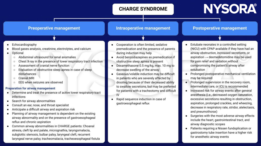 CHARGE syndrome, preoperative, intraoperative, postoperative, management, echocardiography, blood gases, creatinine, electrolytes, calcium, EEG, airway management, lower respiratory tract infections, airway abnormalities, difficult airway, aspiration, gastroesophageal reflux, choanal atresia, cleft lip, cleft palate, micrognathia, laryngomalacia, subglottic stenosis, bulbar palsy, laryngeal cleft, recurrent laryngeal nerve palsy, tracheomalacia, tracheoesophageal fistula, dexamethasone, rapid sequence induction, CPAP, dexmedetomidine, mechanical ventilation