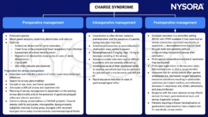 CHARGE syndrome, preoperative, intraoperative, postoperative, management, echocardiography, blood gases, creatinine, electrolytes, calcium, EEG, airway management, lower respiratory tract infections, airway abnormalities, difficult airway, aspiration, gastroesophageal reflux, choanal atresia, cleft lip, cleft palate, micrognathia, laryngomalacia, subglottic stenosis, bulbar palsy, laryngeal cleft, recurrent laryngeal nerve palsy, tracheomalacia, tracheoesophageal fistula, dexamethasone, rapid sequence induction, CPAP, dexmedetomidine, mechanical ventilation