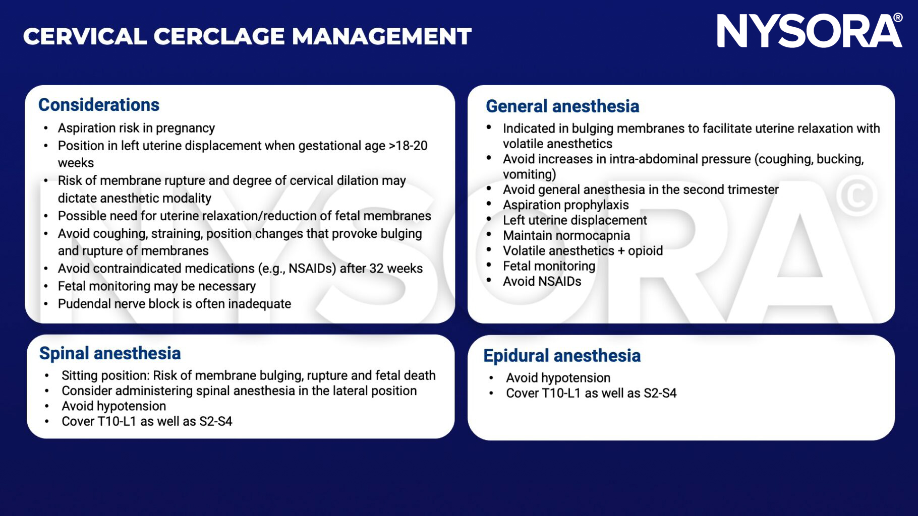 cervical cerclage, aspiration, left uterine displacement, dilation, uterine relaxation, fetal membranes, coughing, straining, NSAID, pudendal nerve block, spinal, sitting, lateral, hypotension, volatile, bucking, vomiting, normocapnia, opioid, fetal monitoring, 