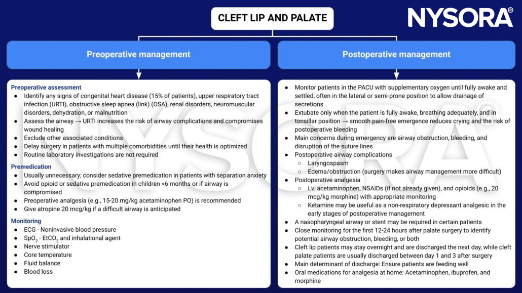 cleft lip and palate, management, preoperative, postoperative, congenital heart disease, upper respiratory tract infection, obstructive sleep apnea, renal disorders, neuromuscular disorders, dehydration, malnutrition, airway, atropine, acetaminophen, ECG, airway obstruction, bleeding, disruption suture lines, laryngospasm, edema, NSAIDs, opioids, morphine, ketamine