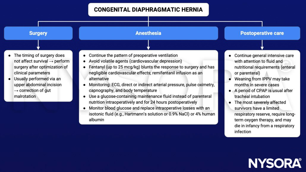 congenital diaphragmatic hernia, surgery, anesthesia, postoperative, management, ventilation, fentanyl, remifentanil, monitoring, glucose, NICU, IPPV, CPAP