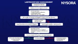 Laryngospasm, jaw thrust, temporomandibular subluxation, oropharyngeal airway, CPAP, propofol, Larson maneuver, succinylcholine, atropine, bradycardia, orotracheal intubation, cricothyroidectomy, tracheotomy