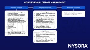 mitochondrial disease, fatigability, dysphagia, hypoventilation, apnea, cardiomyopathy, heart block, blood count, electrolytes, creatinine, urea, glucose, lactate, pyruvate, creatine kinase, spirometry, ecg, echocardiogram, fasting, hypoglycemia, metabolic stress, hypotension, hypoxia, acisosis, hypovolemia, ketogenic, hyperglycemia, lactic acidosis, volatile, propofol, neuromuscular blockers, succinylcholine, depolarizing, local anesthetics, opioids, regional techniques