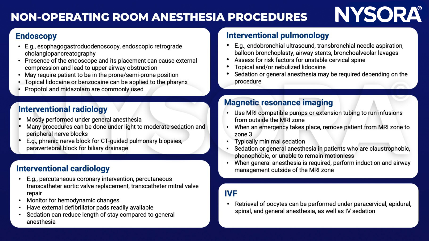 non-operating room anesthesia, esophagogastroduodenoscopy, endoscopic retrograde cholangiopancreatography, endoscope, prone, lidocaine, benzocaine, propofol, midazolam, interventional radiology, phrenic nerve block, for CT-guided pulmonary biopsies, paravertebral block for biliary drainage, Interventional cardiology, percutaneous coronary intervention, percutaneous transcatheter aortic valve replacement, transcatheter mitral valve repair, defibrillator, Interventional pulmonology, endobronchial ultrasound, transbronchial needle aspiration, balloon bronchoplasty, airway stents, bronchoalveolar lavages, Magnetic resonance imaging, claustrophobic, phonophobic, IVF, oocytes, paracervical, epidural, spinal, general anesthesia, IV sedation 