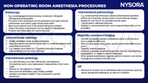 non-operating room anesthesia, esophagogastroduodenoscopy, endoscopic retrograde cholangiopancreatography, endoscope, prone, lidocaine, benzocaine, propofol, midazolam, interventional radiology, phrenic nerve block, for CT-guided pulmonary biopsies, paravertebral block for biliary drainage, Interventional cardiology, percutaneous coronary intervention, percutaneous transcatheter aortic valve replacement, transcatheter mitral valve repair, defibrillator, Interventional pulmonology, endobronchial ultrasound, transbronchial needle aspiration, balloon bronchoplasty, airway stents, bronchoalveolar lavages, Magnetic resonance imaging, claustrophobic, phonophobic, IVF, oocytes, paracervical, epidural, spinal, general anesthesia, IV sedation 