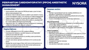 peripartum cardiomyopathy, ppcm, ecg, oxygen saturation, blood pressure, icu, hemodynamic monitoring, fluid management, analgesia, catecholamines, systemic vascular resistance, myocardial workload, aorto-caval compression, supine, urterine displacement, epidural, valsalva, myocardial perfusion, cesarean section, vaginal delivery, hypotension, tachycardia, preload, contractility, afterload, neuraxial anesthesia, epidural, spinal, anticoagulation, general anesthesia, opioid, alfentanil, remifentanil, pressor response, laryngoscopy, intubation, inotropes, dobutamine, calcium sensitizers, phosphodiesterase inhibitors, vasopressors, uterotonic medication